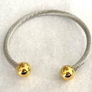 Magnetic Cuff Bracelet Gold Ball Charm Silver Twisted Cable Two-Tone
